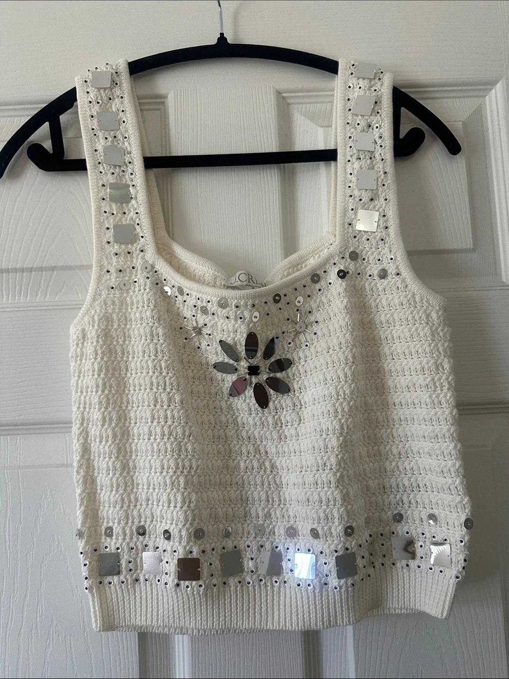 J. Crew Cream Crochet Tank with Mirror Flower Detail